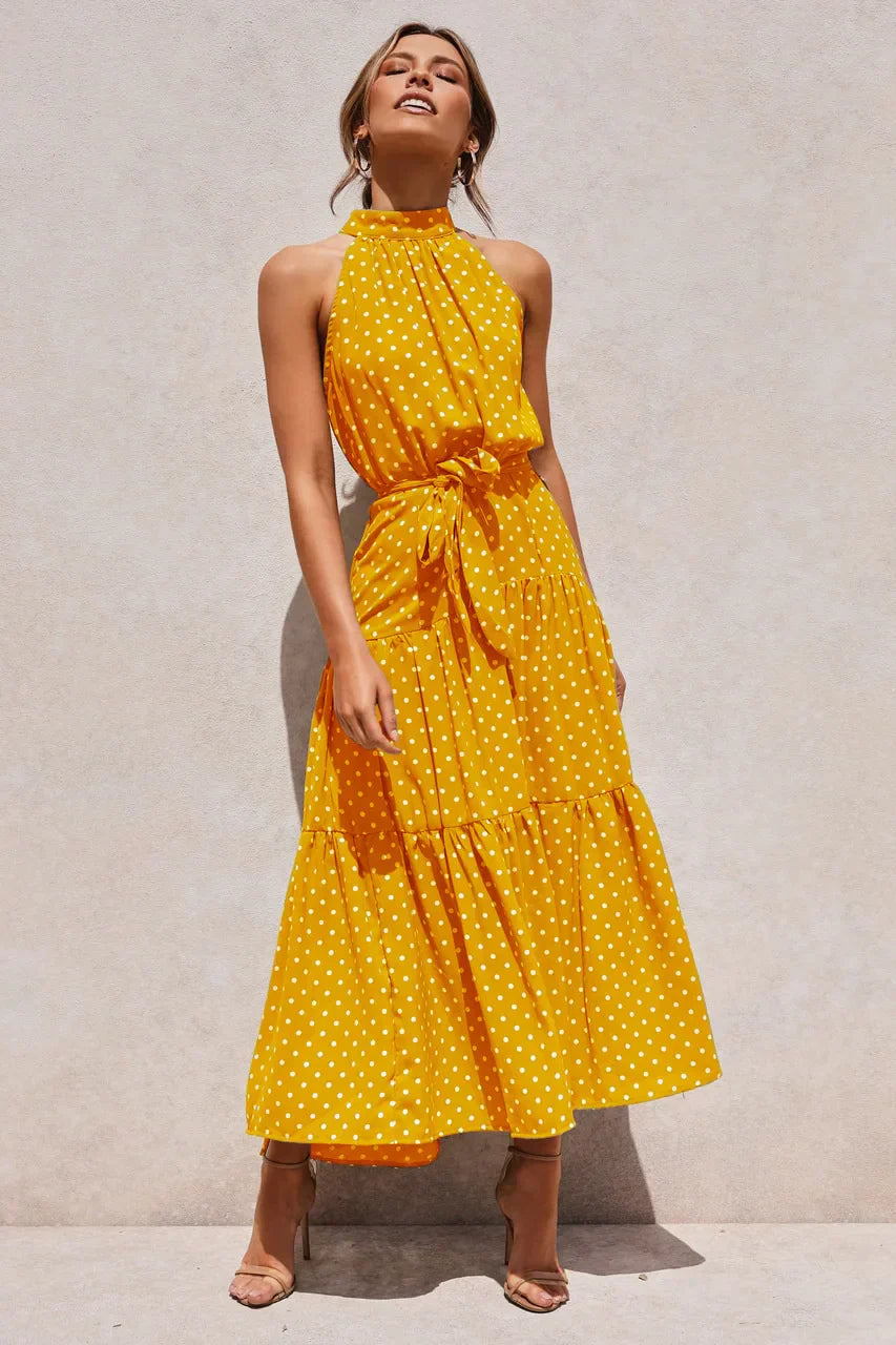 Women’s polka dot maxi summer dress with lightweight flowy fit for casual and beach wear