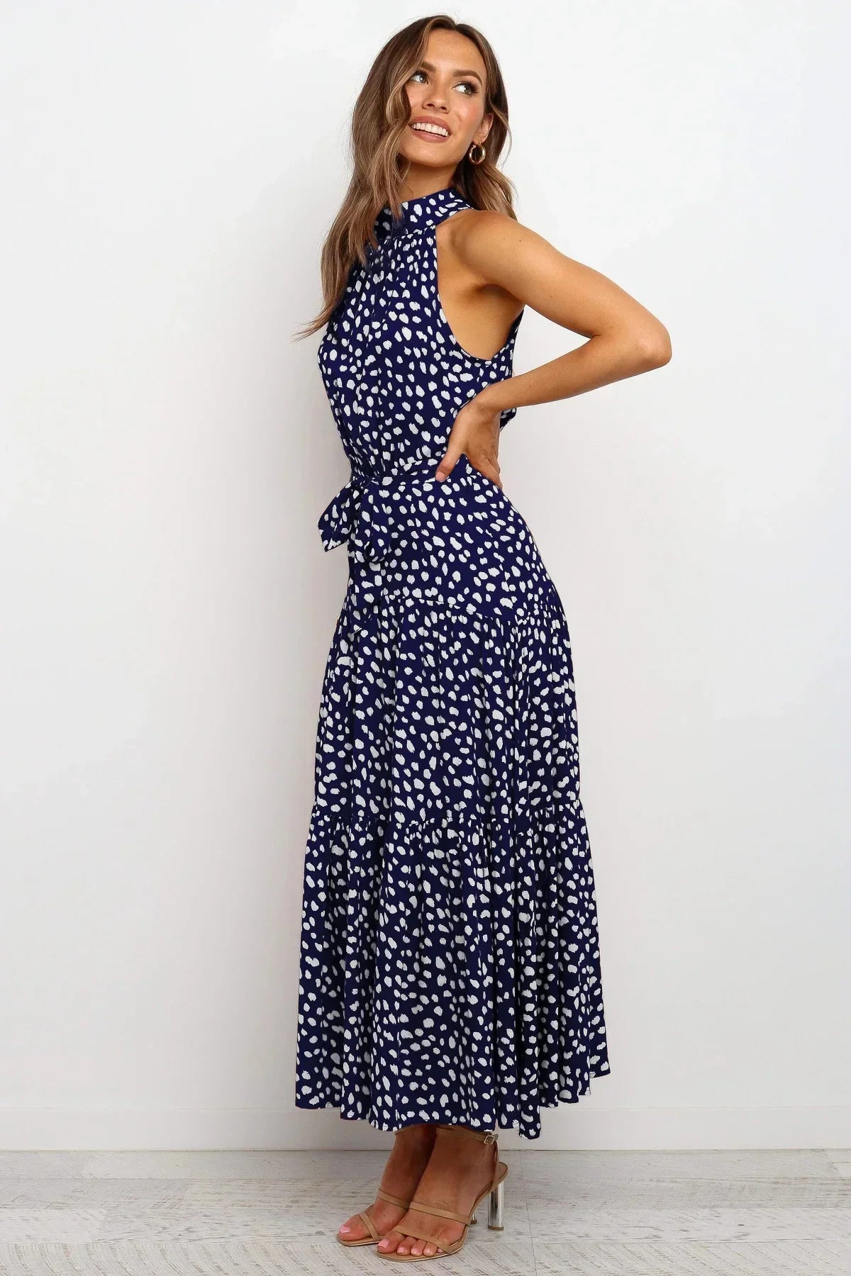 Women’s polka dot maxi summer dress with lightweight flowy fit for casual and beach wear
