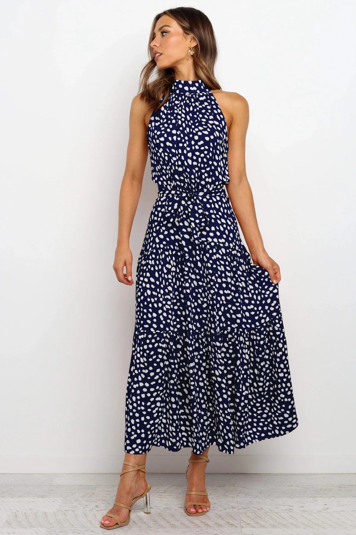 Women’s polka dot maxi summer dress with lightweight flowy fit for casual and beach wear