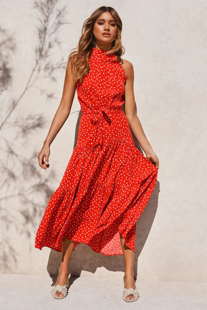 Women’s polka dot maxi summer dress with lightweight flowy fit for casual and beach wear