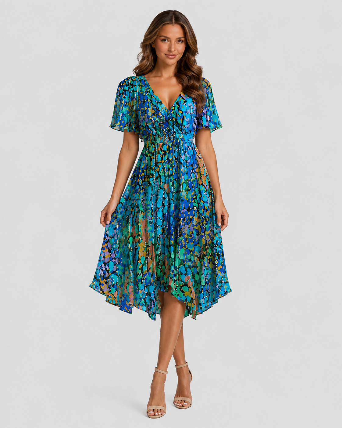 Women's printed midi dress with a V-neckline, softly defined waist, and flowing asymmetric hem, featuring a vibrant all-over print for summer and casual wear.