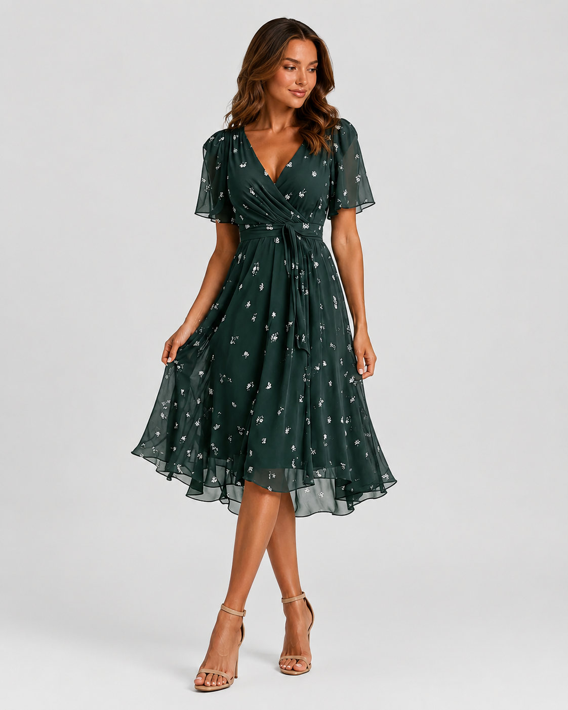 Women's printed midi dress with a V-neckline, softly defined waist, and flowing asymmetric hem, featuring a vibrant all-over print for summer and casual wear.