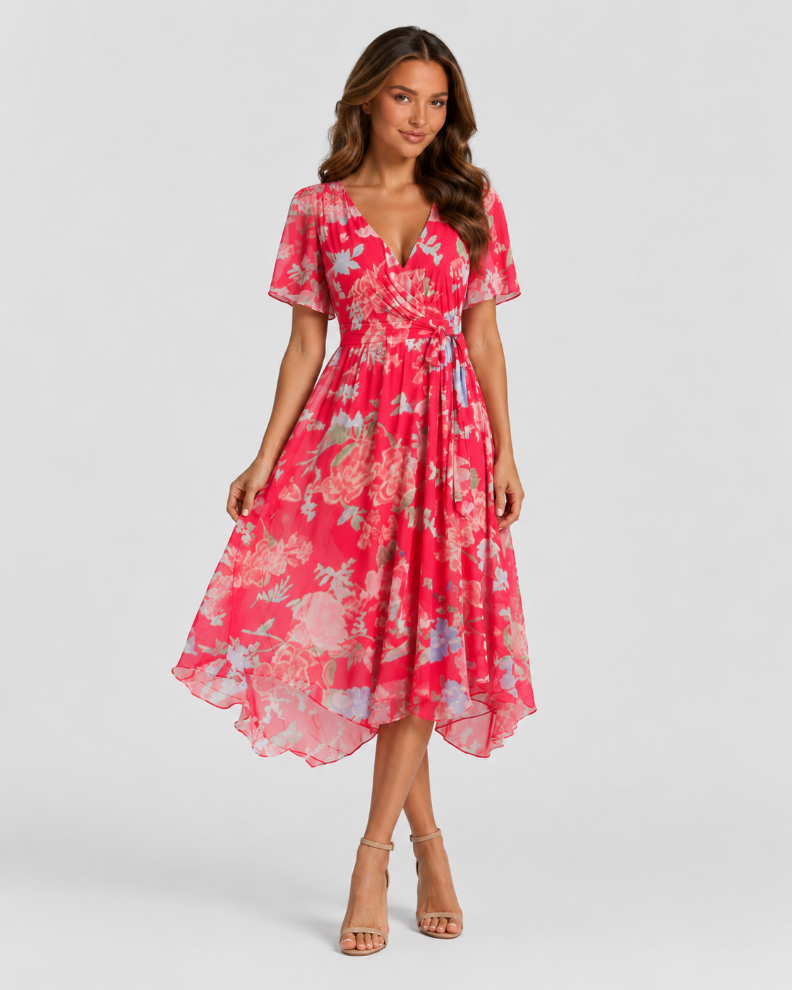 Women's printed midi dress with a V-neckline, softly defined waist, and flowing asymmetric hem, featuring a vibrant all-over print for summer and casual wear.