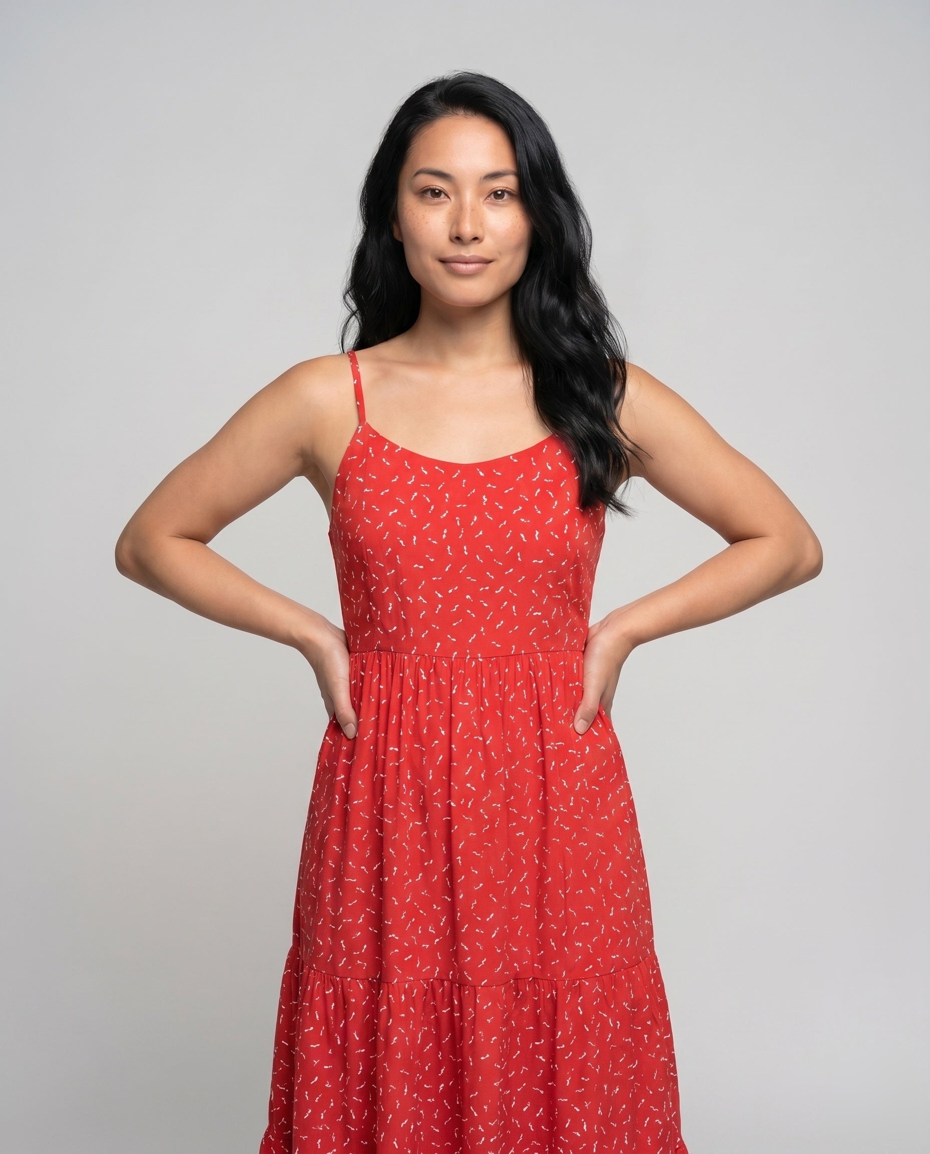 Women’s printed strappy summer midi dress with a flowy silhouette, elastic waist, and lightweight fabric, perfect for casual outings, holidays, and warm-weather occasions.