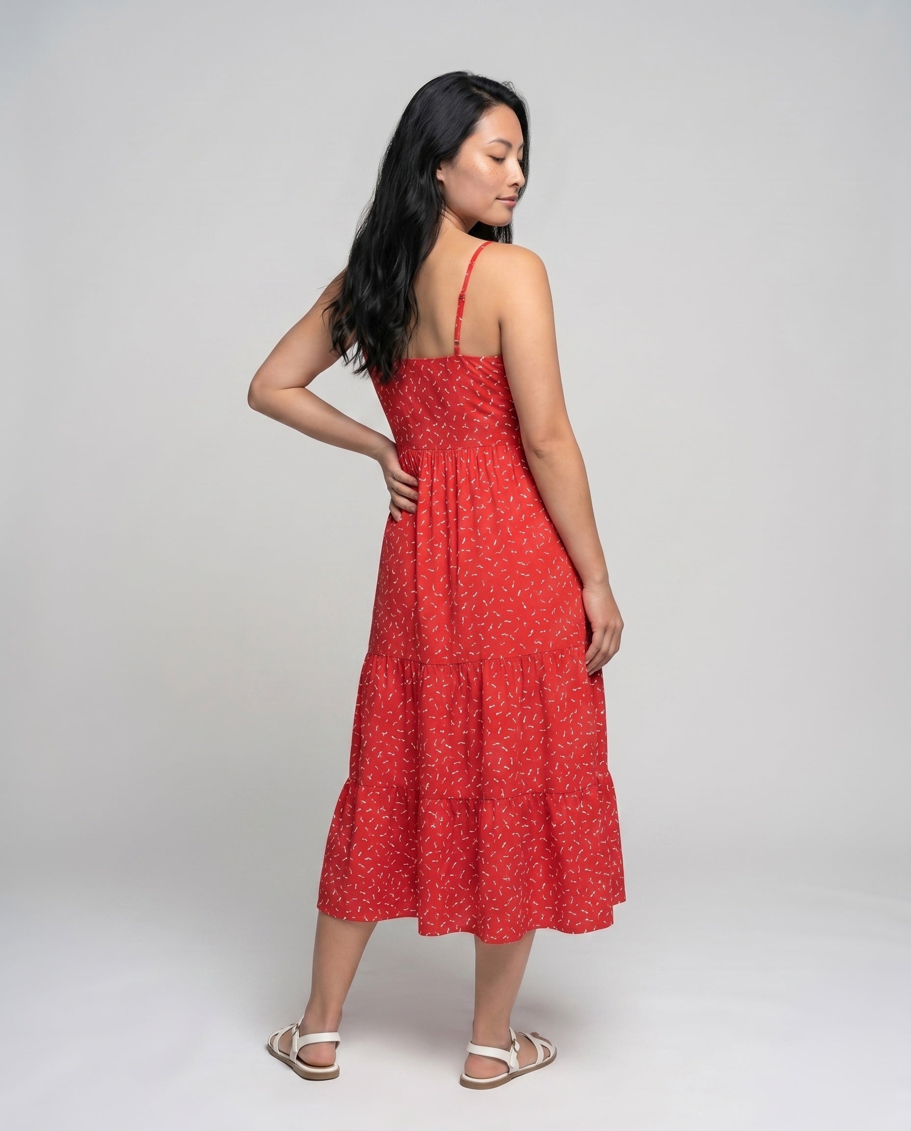 Women’s printed strappy summer midi dress with a flowy silhouette, elastic waist, and lightweight fabric, perfect for casual outings, holidays, and warm-weather occasions.