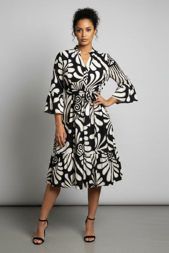 Women’s printed V-neck midi dress made from lightweight polyester blend fabric