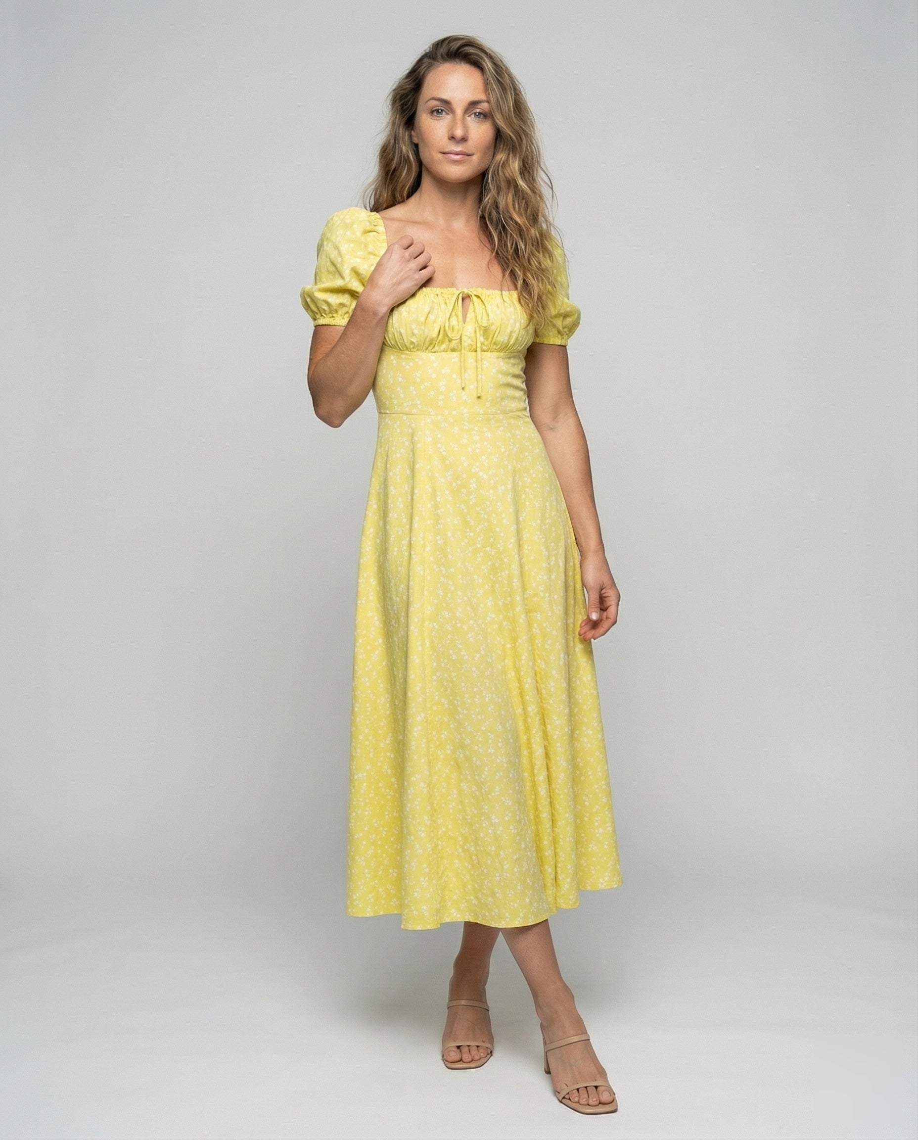 Women’s puff sleeve midi dress with square neckline and A-line skirt