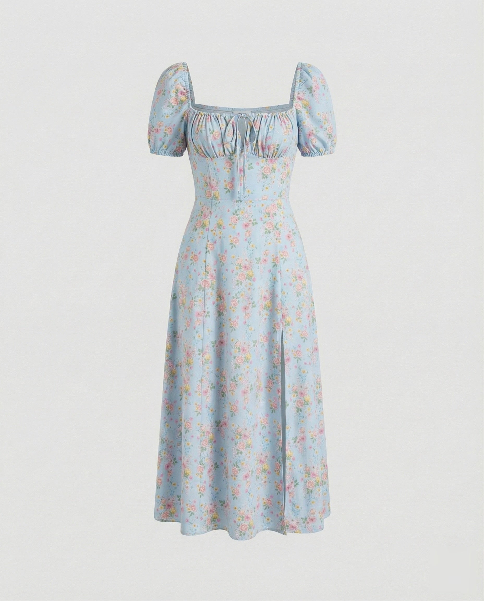 Women’s puff sleeve midi dress with square neckline and A-line skirt