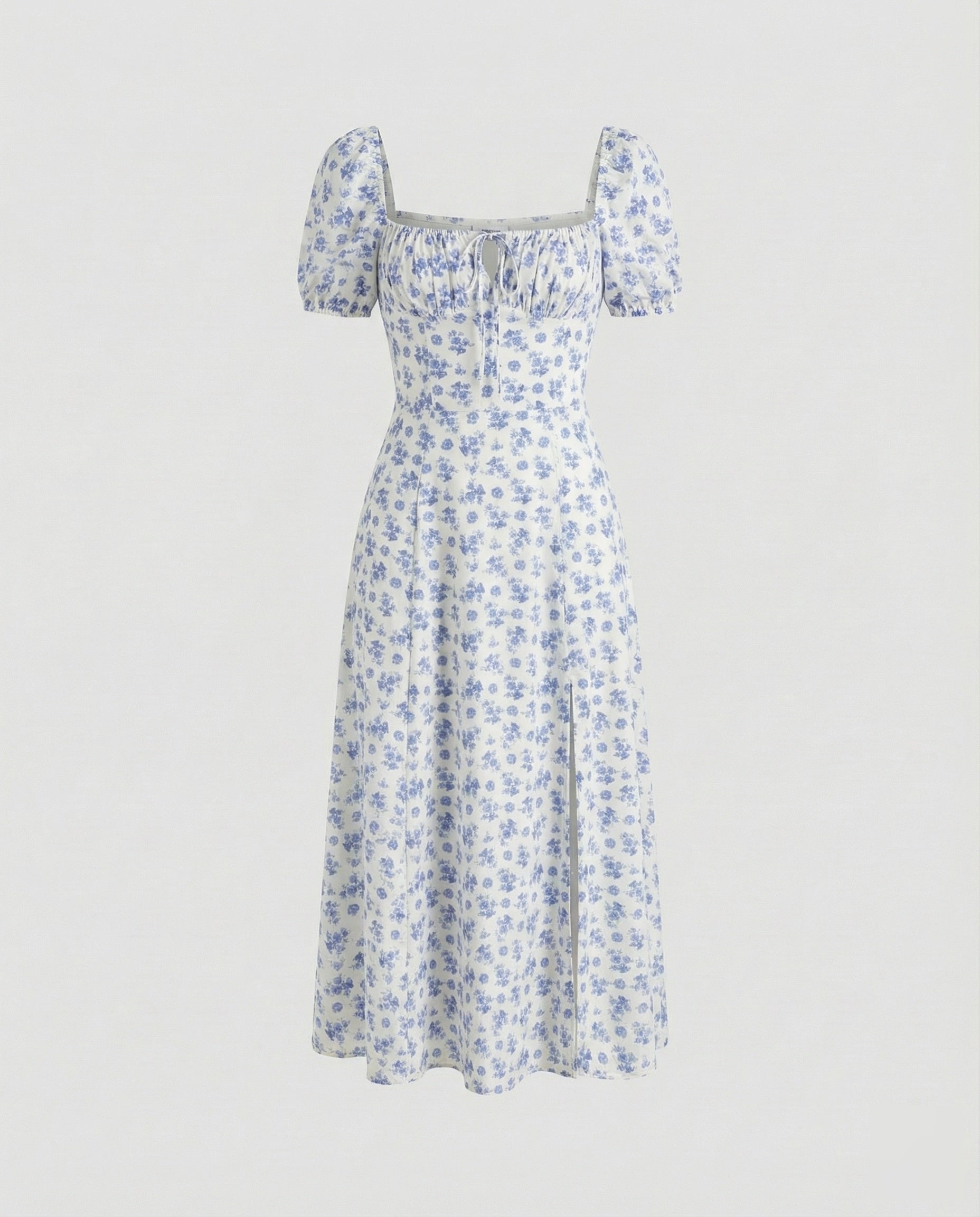 Women’s puff sleeve midi dress with square neckline and A-line skirt