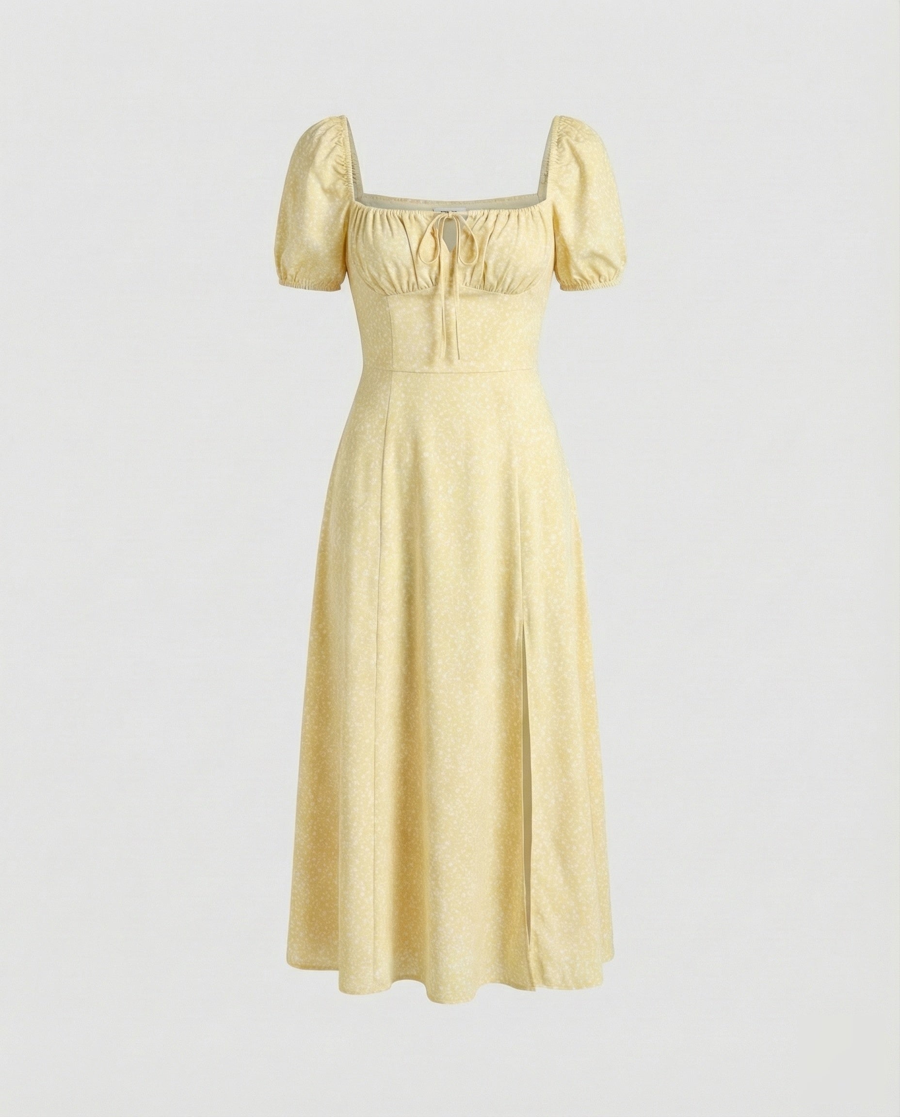 Women’s puff sleeve midi dress with square neckline and A-line skirt
