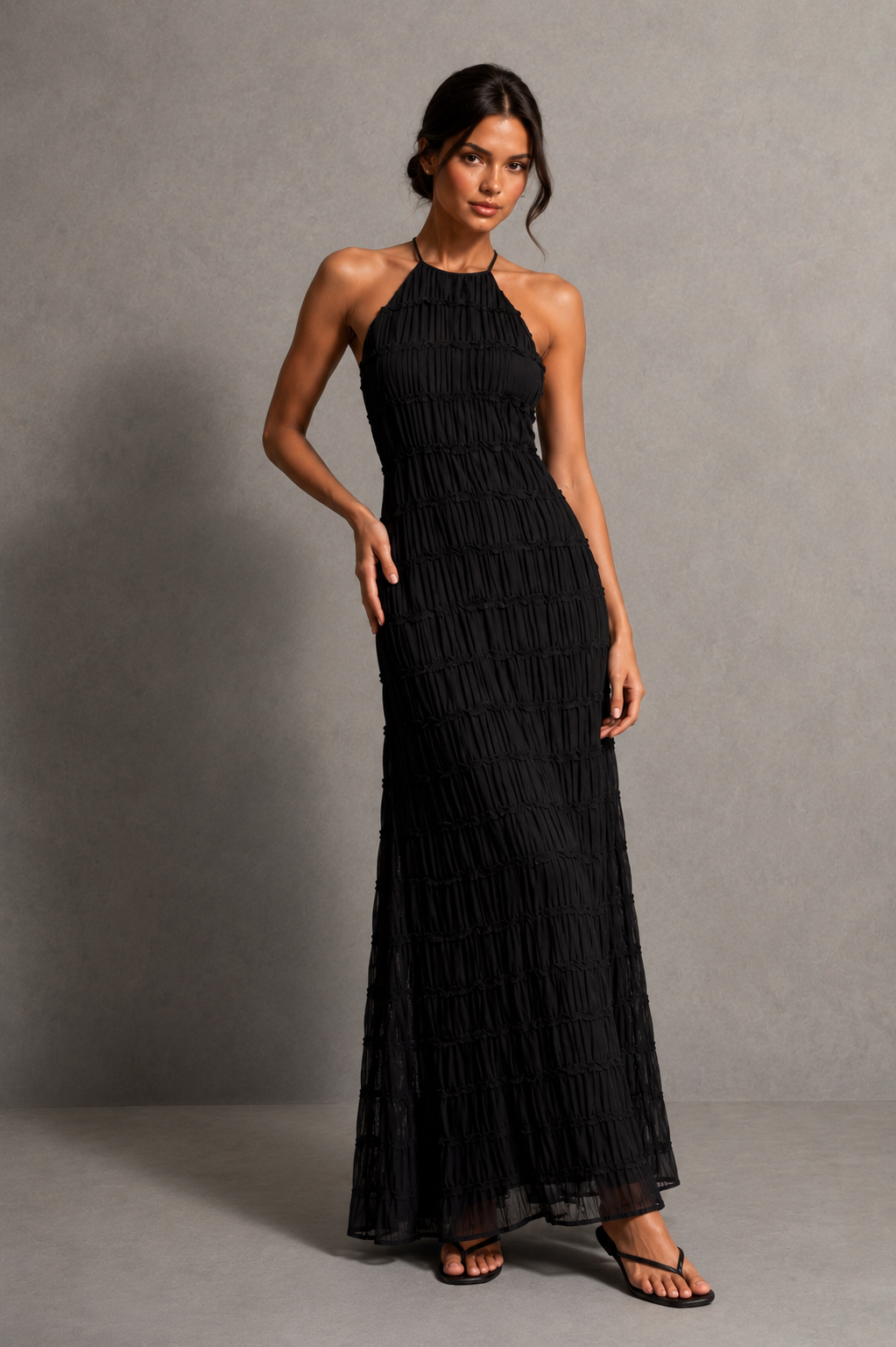 Women's ruched smocked maxi dress with a stretchy bodice, adjustable tie detail and flowing silhouette, perfect for holidays, garden parties, brunch and summer occasions.