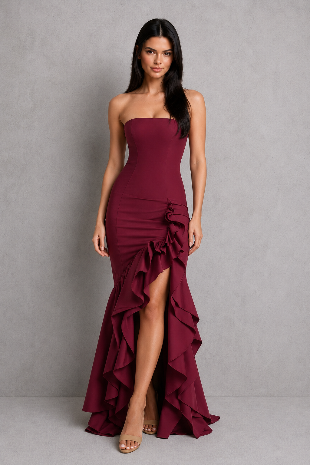 Women's sleeveless ruffle maxi dress with cascading ruffle details, flowing full-length silhouette, and elegant side slit, ideal for evening events, weddings, and special occasions.