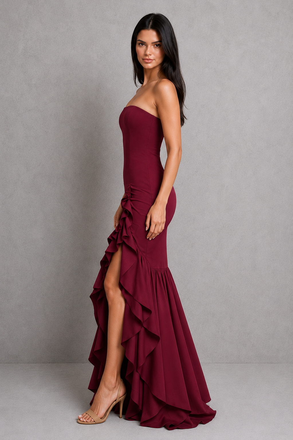 Women's sleeveless ruffle maxi dress with cascading ruffle details, flowing full-length silhouette, and elegant side slit, ideal for evening events, weddings, and special occasions.