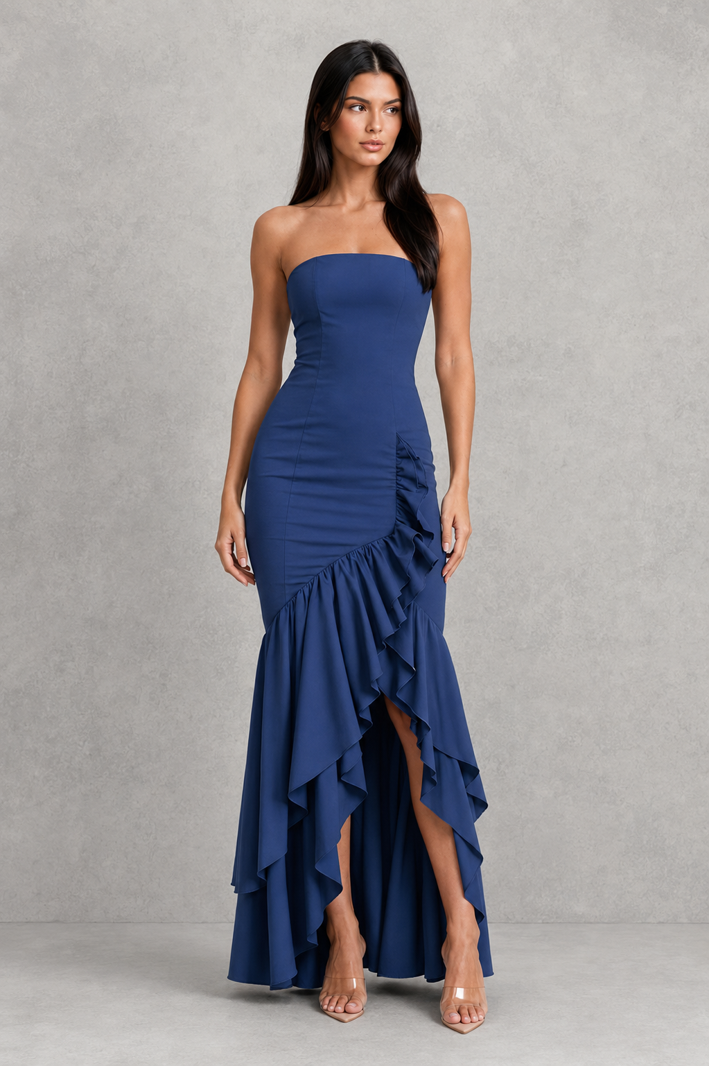 Women's sleeveless ruffle maxi dress with cascading ruffle details, flowing full-length silhouette, and elegant side slit, ideal for evening events, weddings, and special occasions.