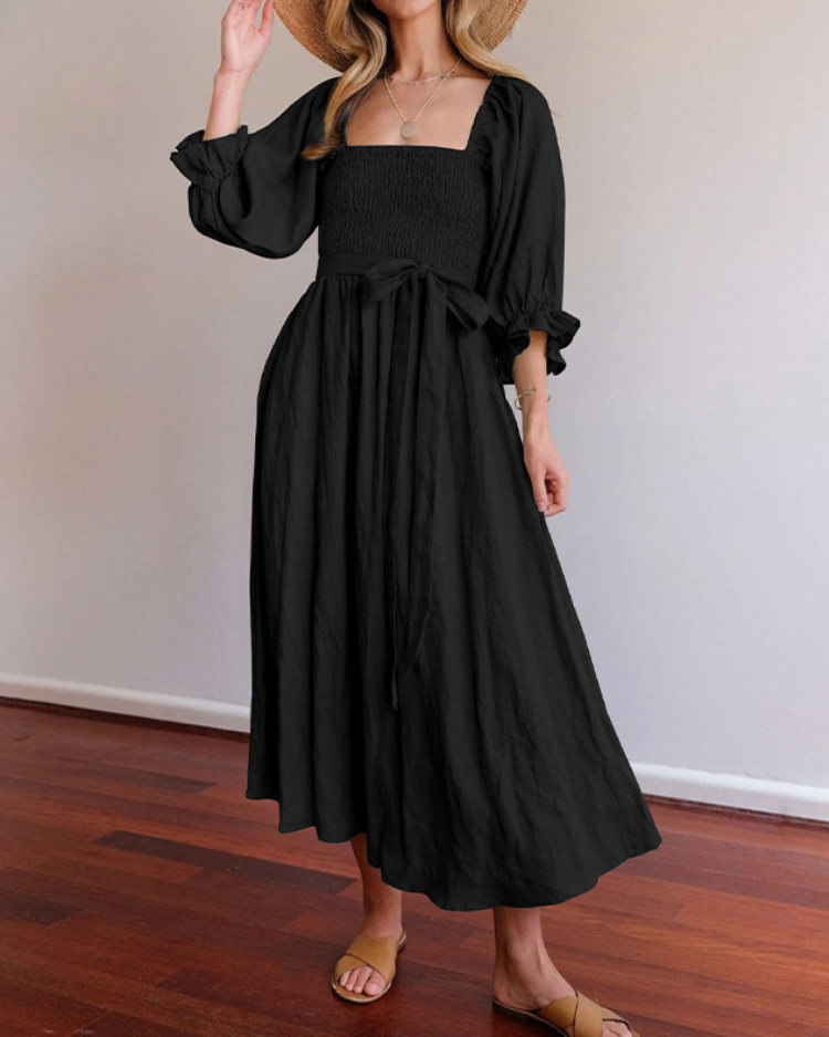Women wearing midi dress with French ruffle sleeves and side cutout detail in slim fit silhouette