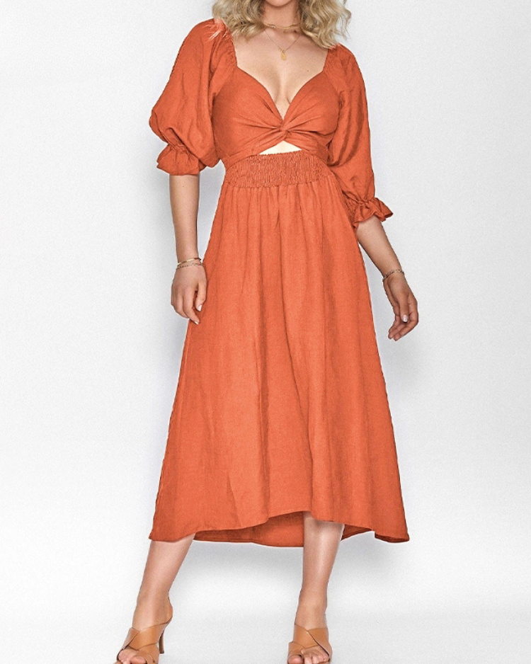 Women wearing midi dress with French ruffle sleeves and side cutout detail in slim fit silhouette