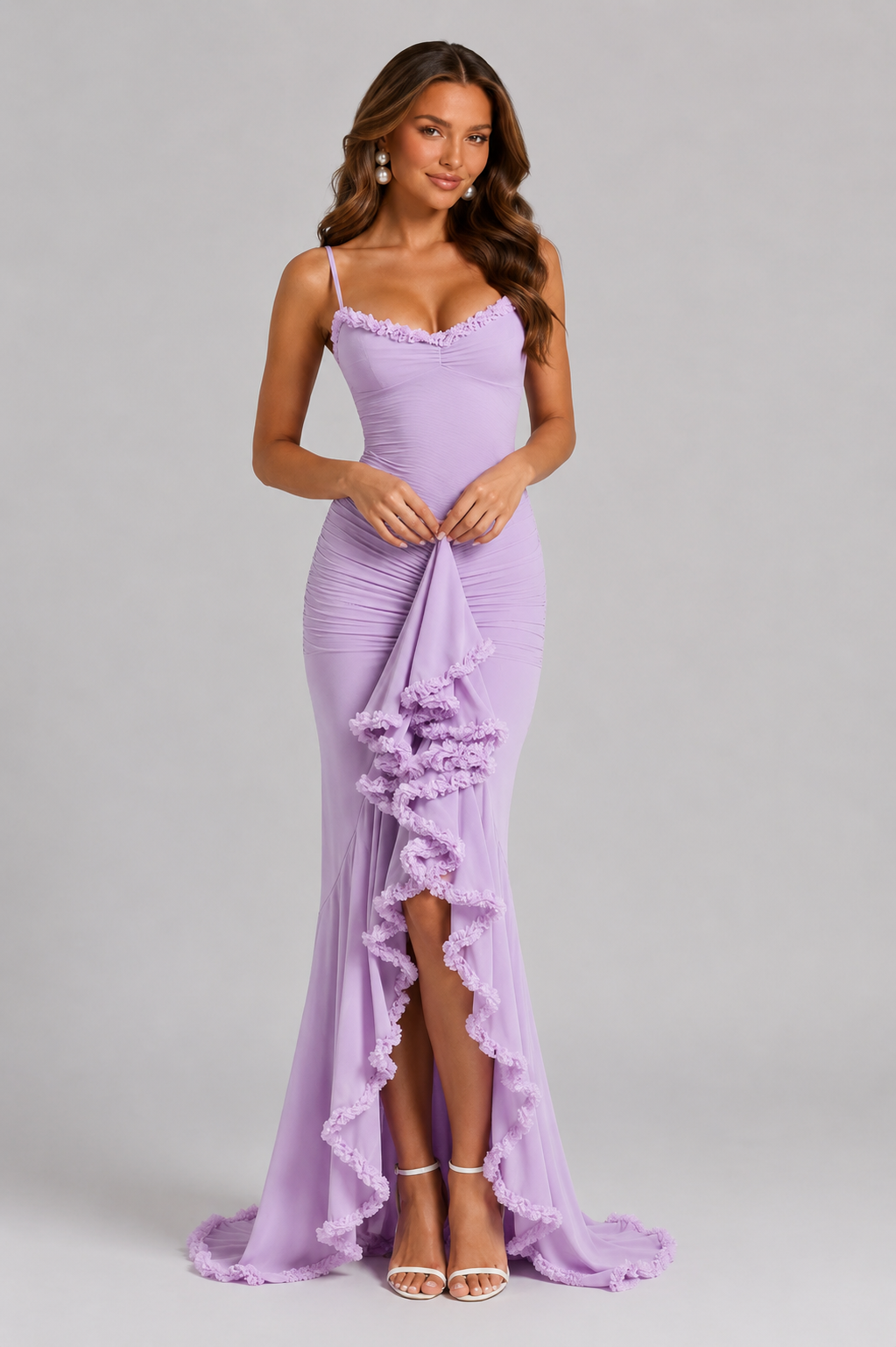 Women’s Ruffle Split Maxi Dress – Elegant Spaghetti Strap Evening Gown