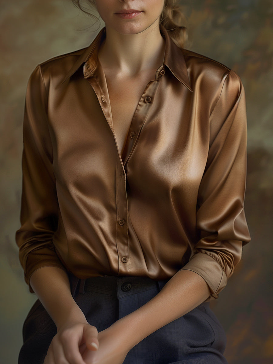 Women's satin blouse with lapel collar and relaxed fit