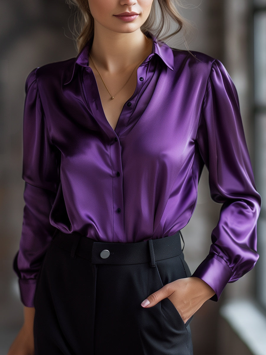 Women's satin blouse with lapel collar and relaxed fit