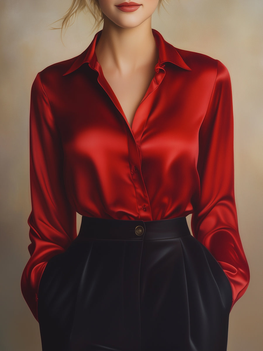 Women's satin blouse with lapel collar and relaxed fit
