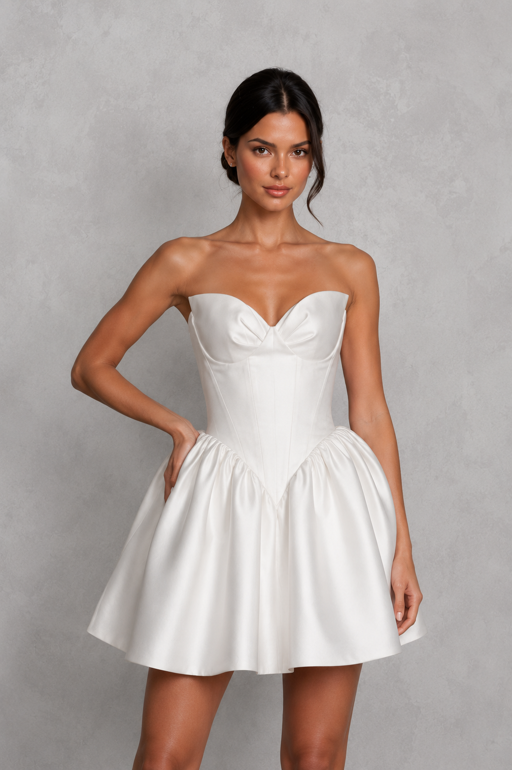 Women's satin corset bridal mini dress with hand-draped bust cups, a structured fitted bodice and a sleek mini silhouette, ideal for weddings, receptions and bridal celebrations.