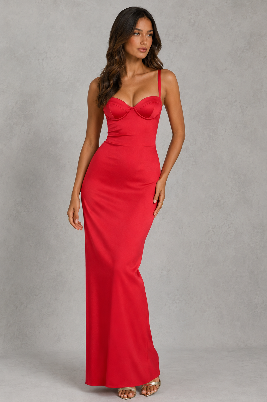 Women's satin corset maxi evening gown featuring lace-trimmed cups, structured boned bodice, bias-cut silhouette, and a flowing full-length skirt for elegant formal occasions.