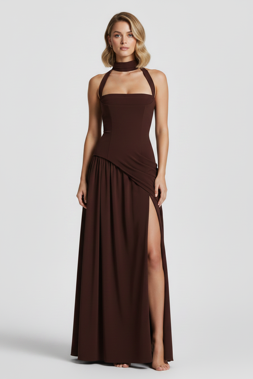 Women’s Satin Feel Evening Draped Maxi Dress - Sculpted Silhouette