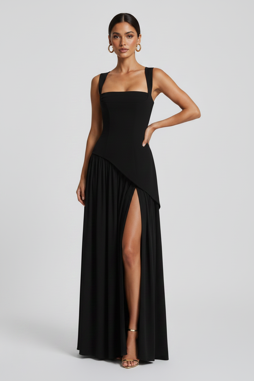 Women’s Satin Feel Evening Draped Maxi Dress - Sculpted Silhouette