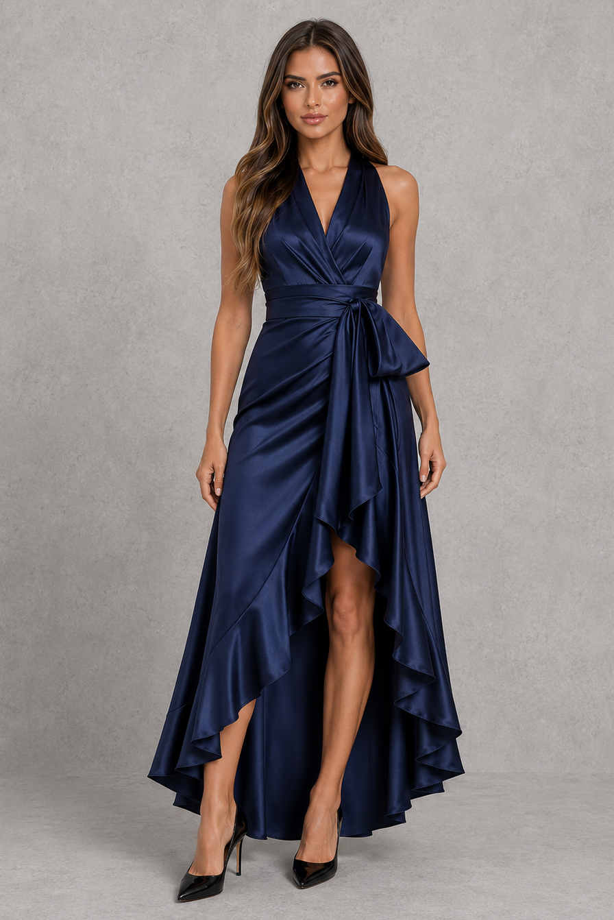 Women's satin halter maxi dress with a plunging neckline, wrap-style waist, self-tie sash, and cascading high-low ruffle hem, ideal for evening events, weddings, and formal occasions.