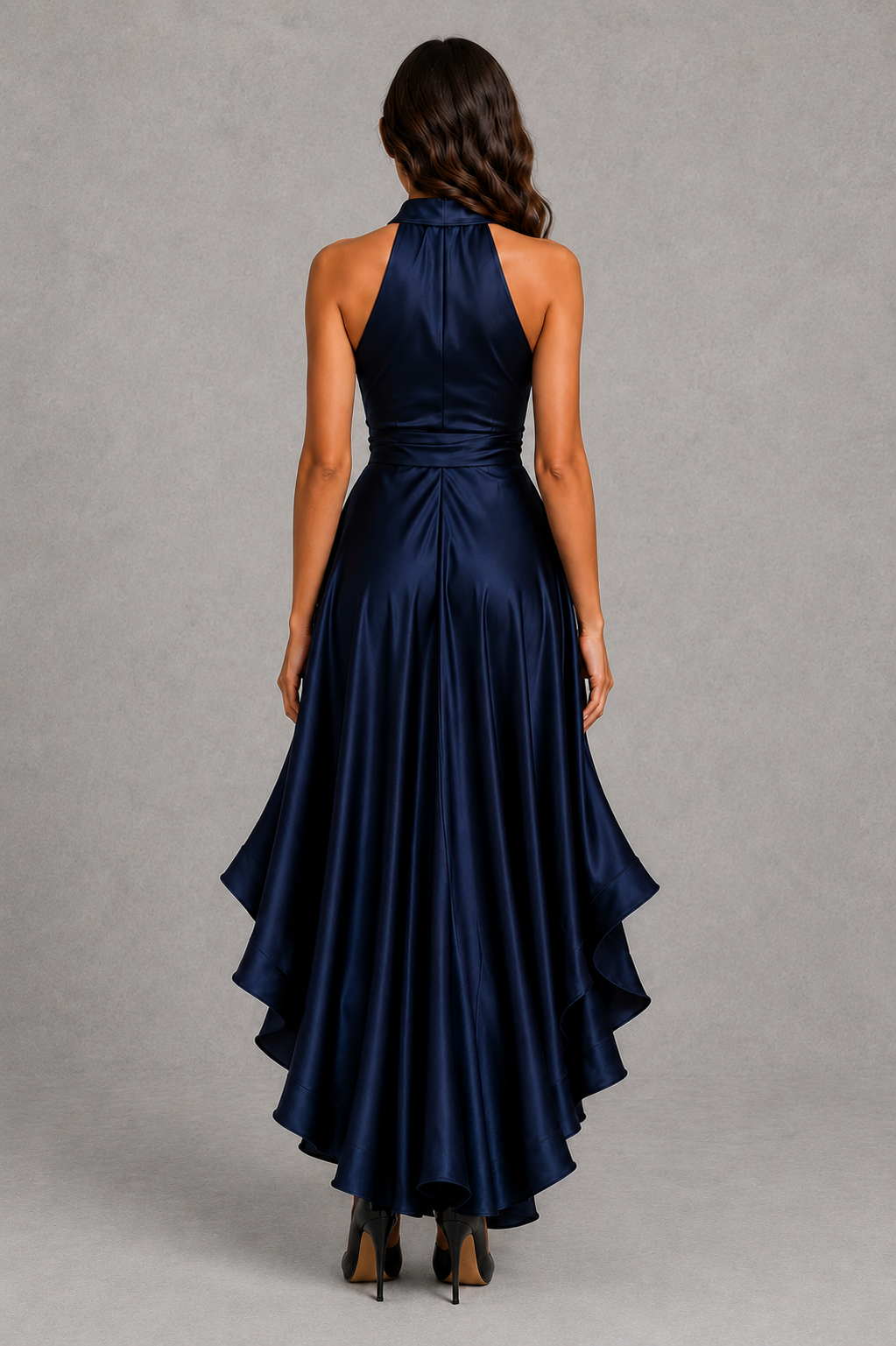 Women's satin halter maxi dress with a plunging neckline, wrap-style waist, self-tie sash, and cascading high-low ruffle hem, ideal for evening events, weddings, and formal occasions.