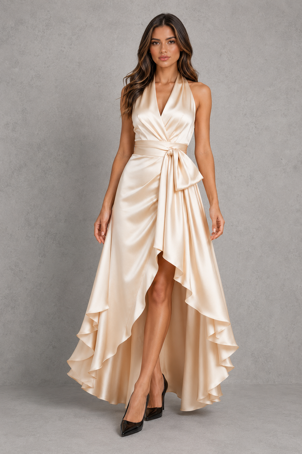 Women’s satin halter maxi dress with plunging neckline, wrap-style waist, self-tie sash and cascading ruffle hem.
