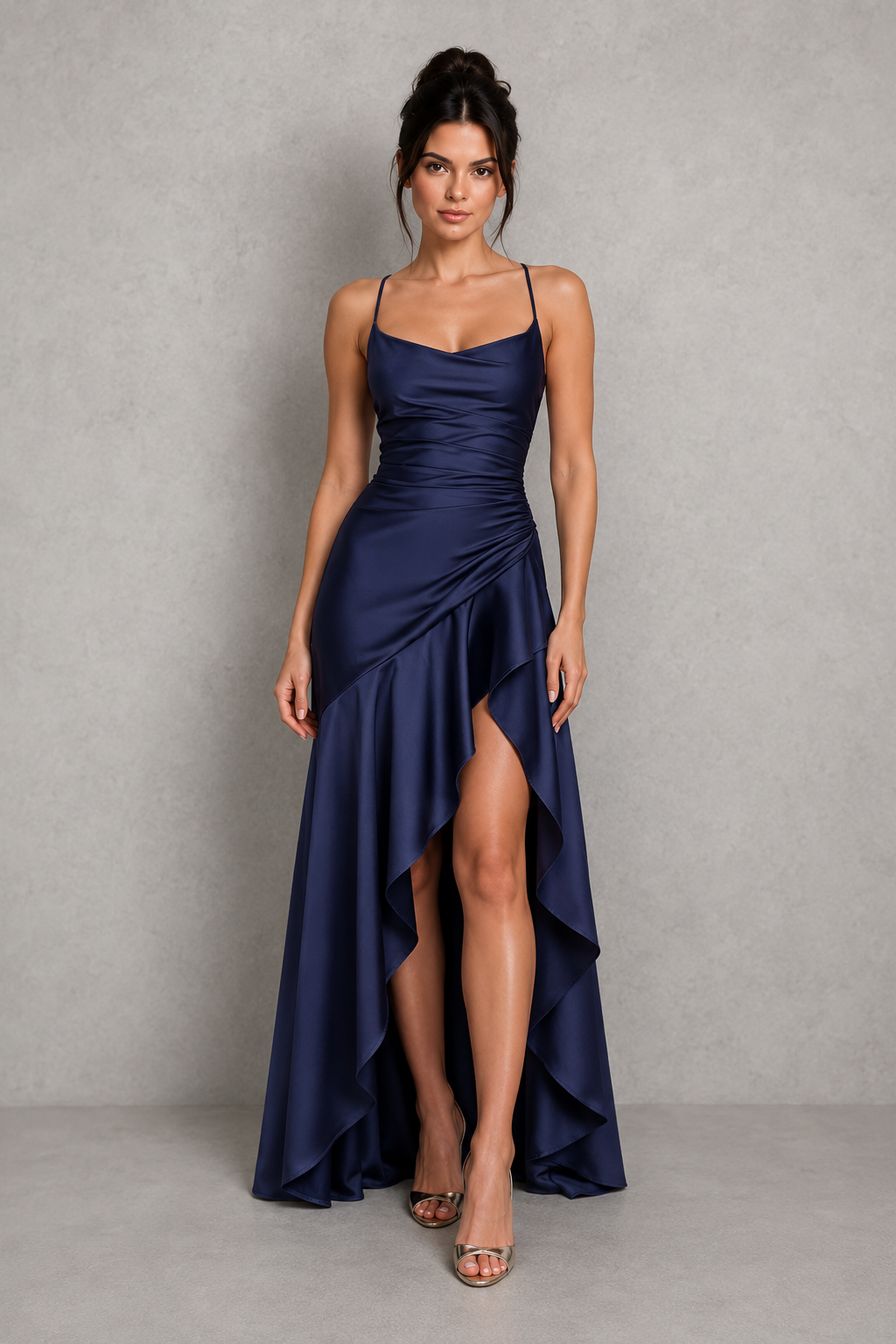 Women's satin high-low maxi dress featuring a twist cowl neckline, adjustable lace-up back, cascading ruffle skirt, and thigh-high split, designed for elegant evening events, weddings, and formal occasions.