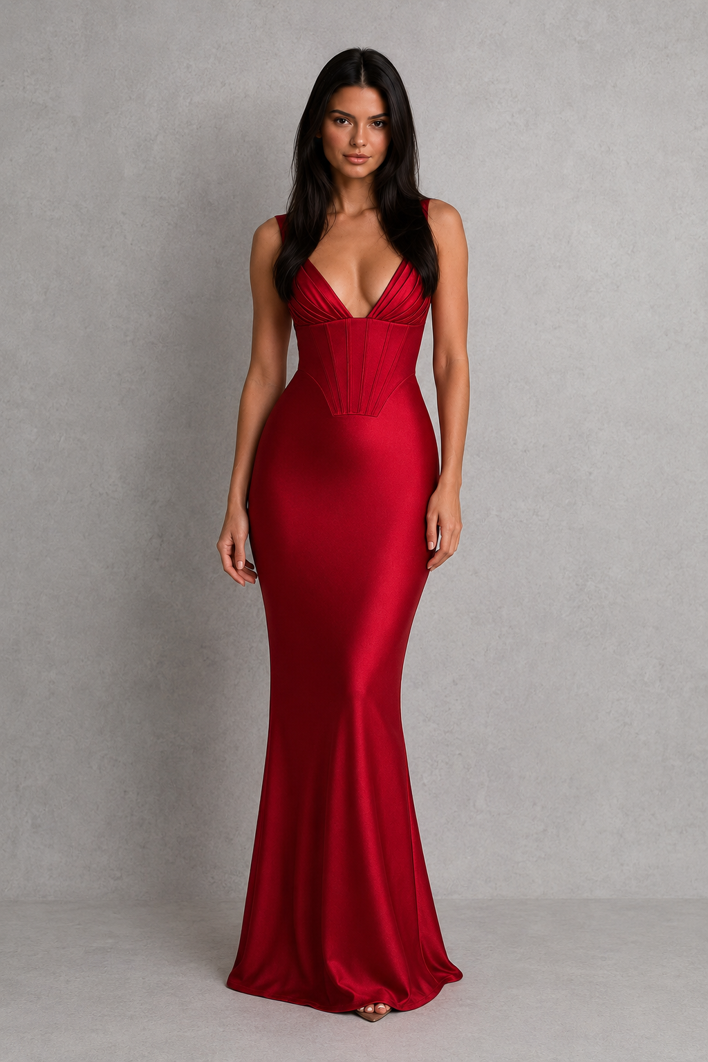 Women's satin maxi dress with a structured corset bodice, pleated cups, fan-shaped shoulder straps, lace-up back, and a flowing bias-cut skirt, designed for elegant evening events and formal occasions.