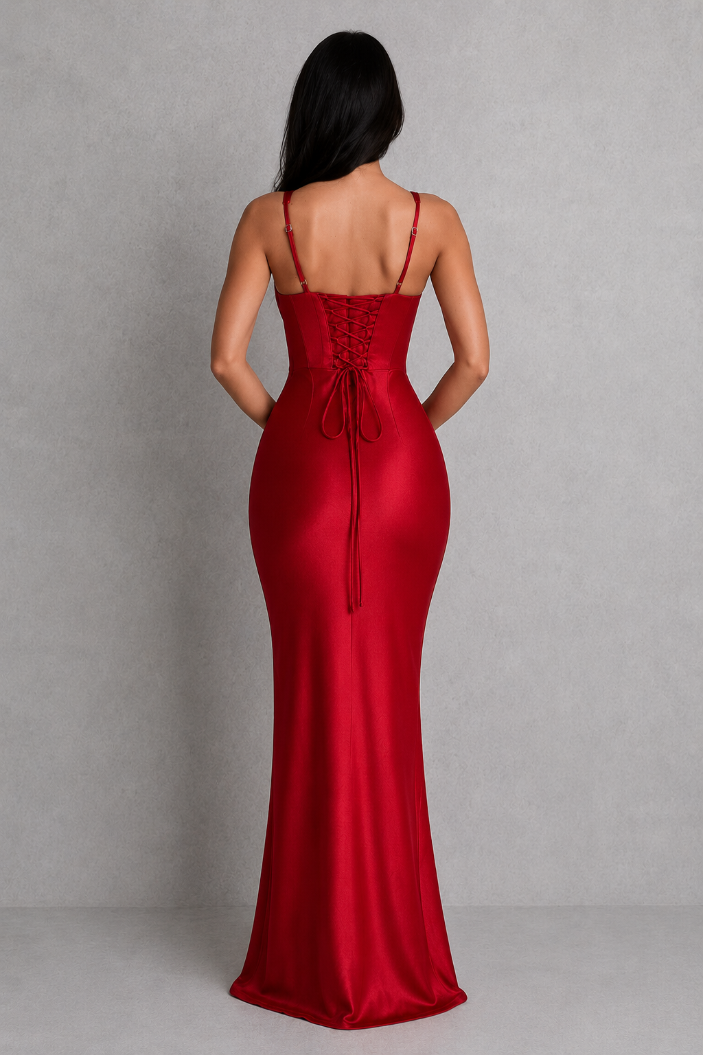 Women's satin maxi dress with a structured corset bodice, pleated cups, fan-shaped shoulder straps, lace-up back, and a flowing bias-cut skirt, designed for elegant evening events and formal occasions.