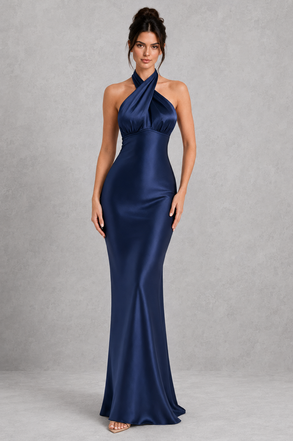 Elegant women's satin maxi dress featuring a high neckline, open back with adjustable tie, and full-length flowing skirt for formal occasions.