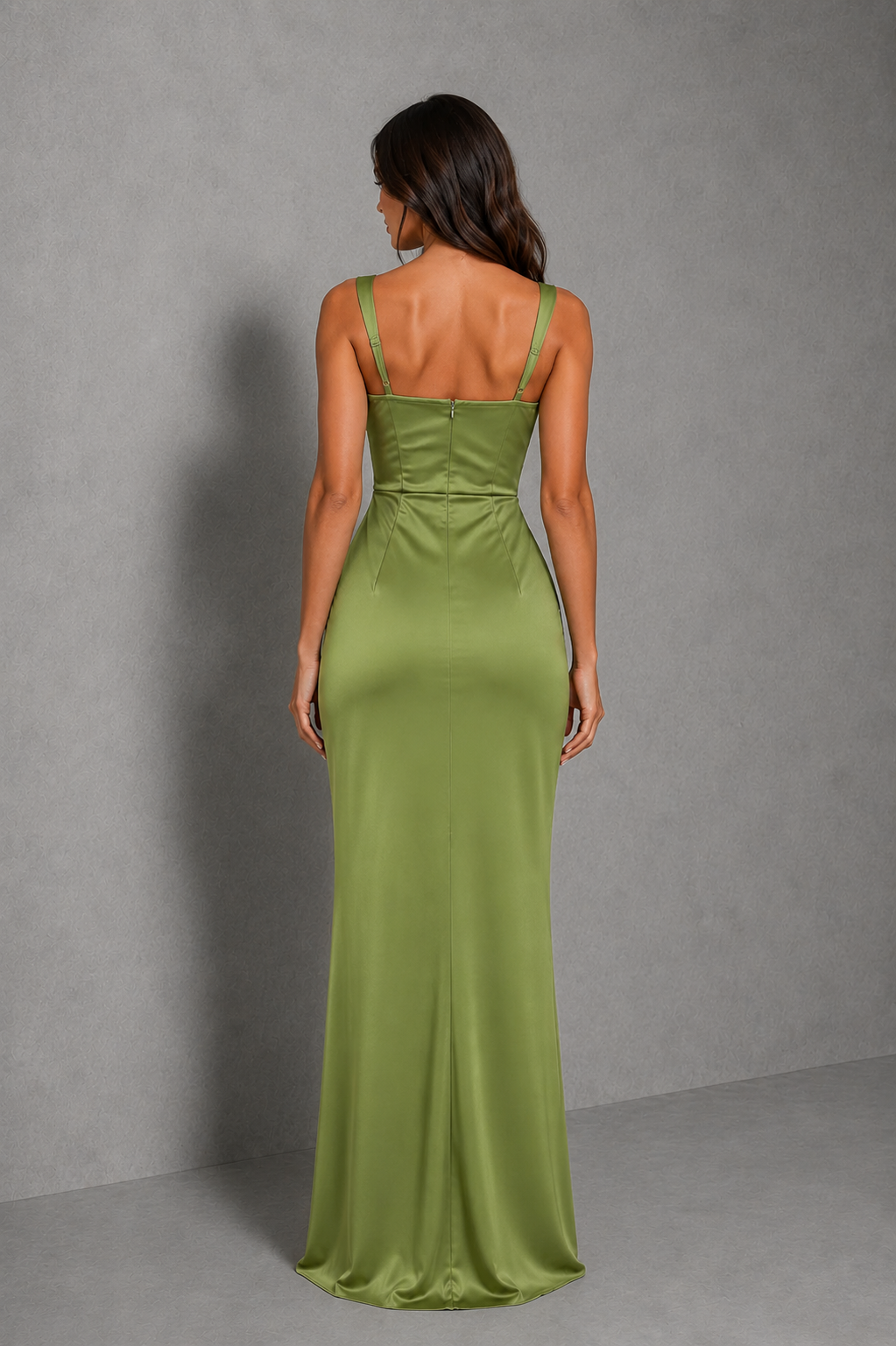 Women's satin maxi dress featuring a square neckline, adjustable shoulder straps, a flattering ruched waist, and a figure-skimming full-length silhouette, ideal for weddings, bridesmaid dresses, and elegant evening occasions.