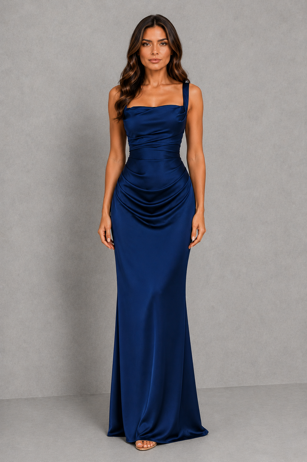 Women's satin maxi dress featuring a square neckline, adjustable shoulder straps, a flattering ruched waist, and a figure-skimming full-length silhouette, ideal for weddings, bridesmaid dresses, and elegant evening occasions.
