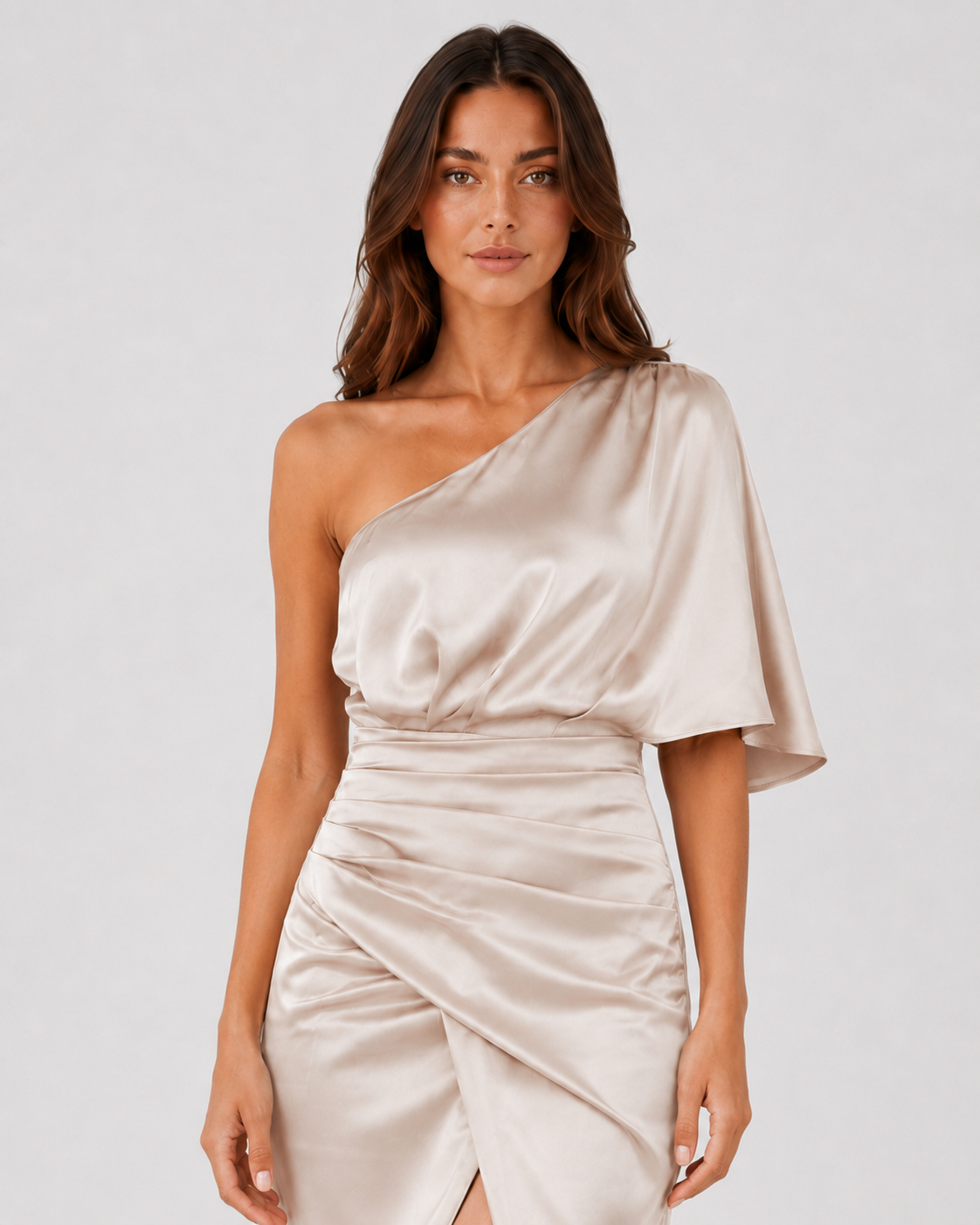 Women’s satin midi one-shoulder evening dress featuring a smooth satin finish, elegant draped silhouette, and relaxed fit, ideal for evening events and special occasions.