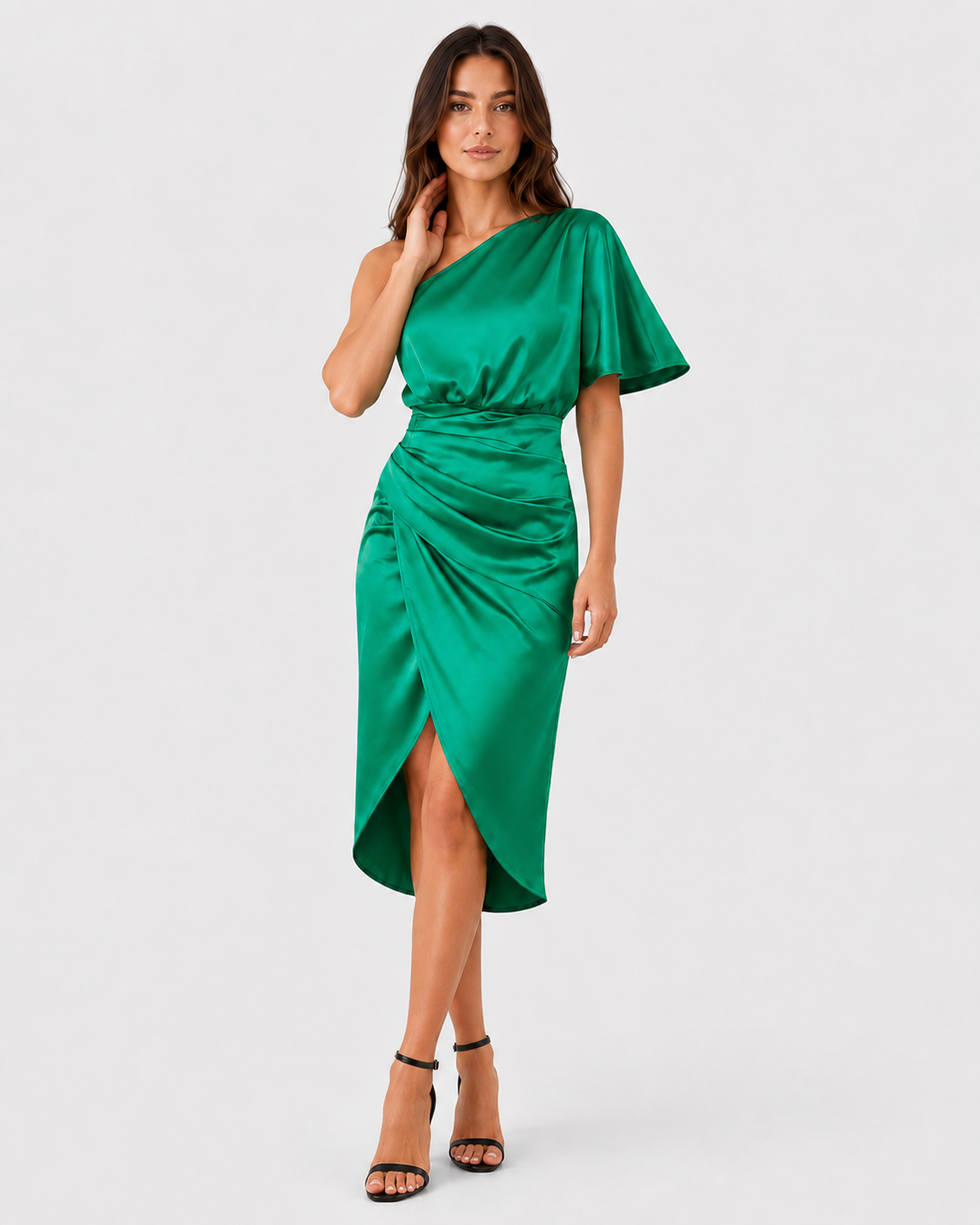 Women’s satin midi one-shoulder evening dress featuring a smooth satin finish, elegant draped silhouette, and relaxed fit, ideal for evening events and special occasions.