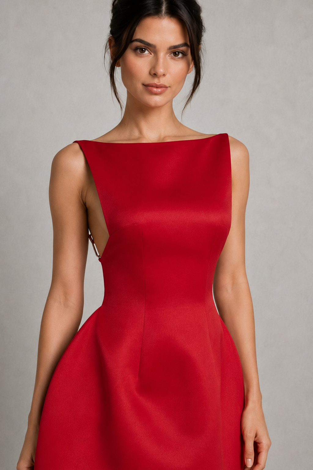 Women's satin mini dress with a high boat neckline, low scoop back, adjustable straps, fitted bodice, and voluminous bubble skirt. Crafted from luxurious satin with a smooth finish, this elegant party dress offers a flattering silhouette for weddings, celebrations, and special occasions.