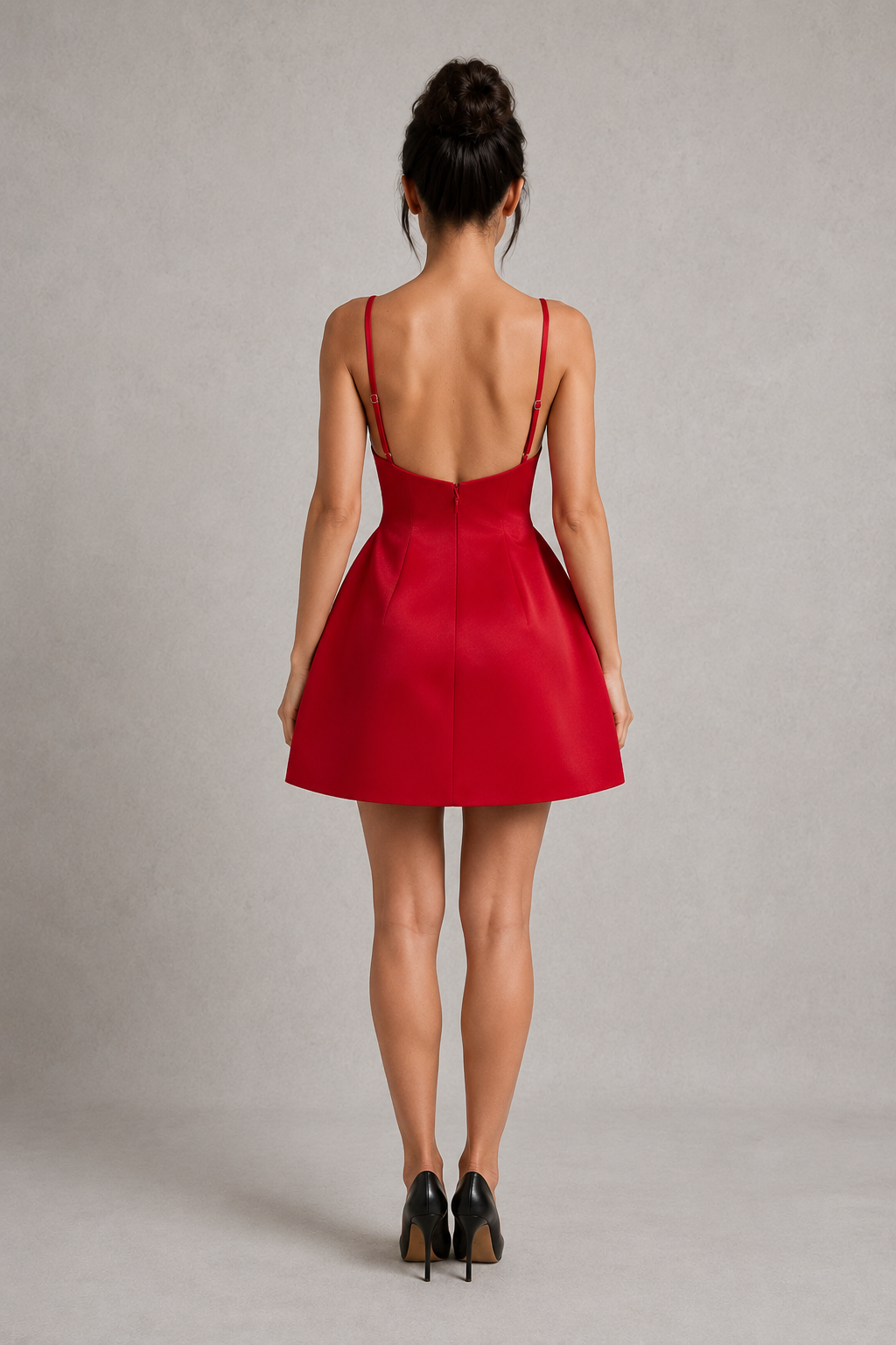 Women's satin mini dress with a high boat neckline, low scoop back, adjustable straps, fitted bodice, and voluminous bubble skirt. Crafted from luxurious satin with a smooth finish, this elegant party dress offers a flattering silhouette for weddings, celebrations, and special occasions.