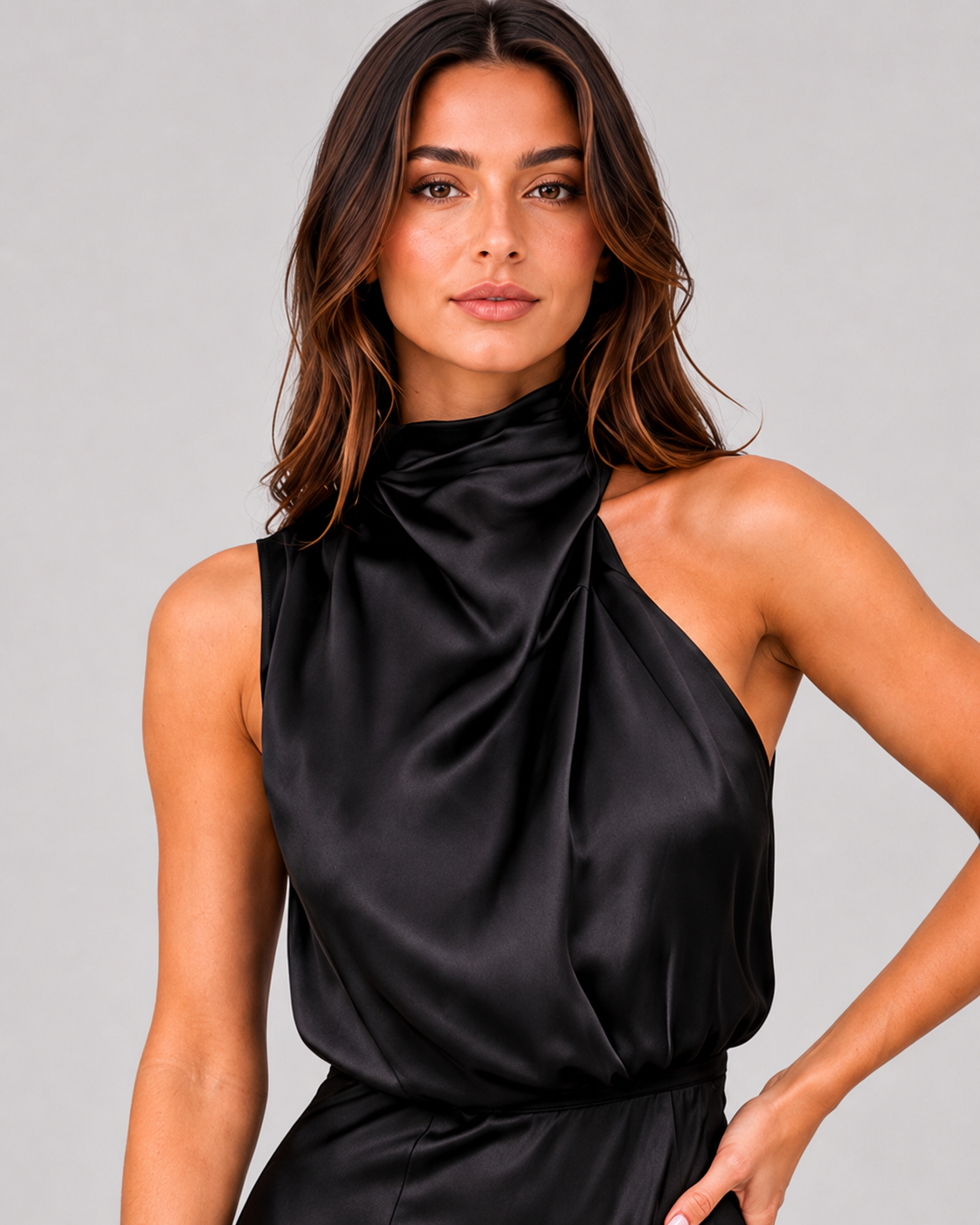 Women’s satin one-shoulder midi dress featuring a side slit, smooth fabric, and flowing silhouette for an elegant and modern occasion-ready look.