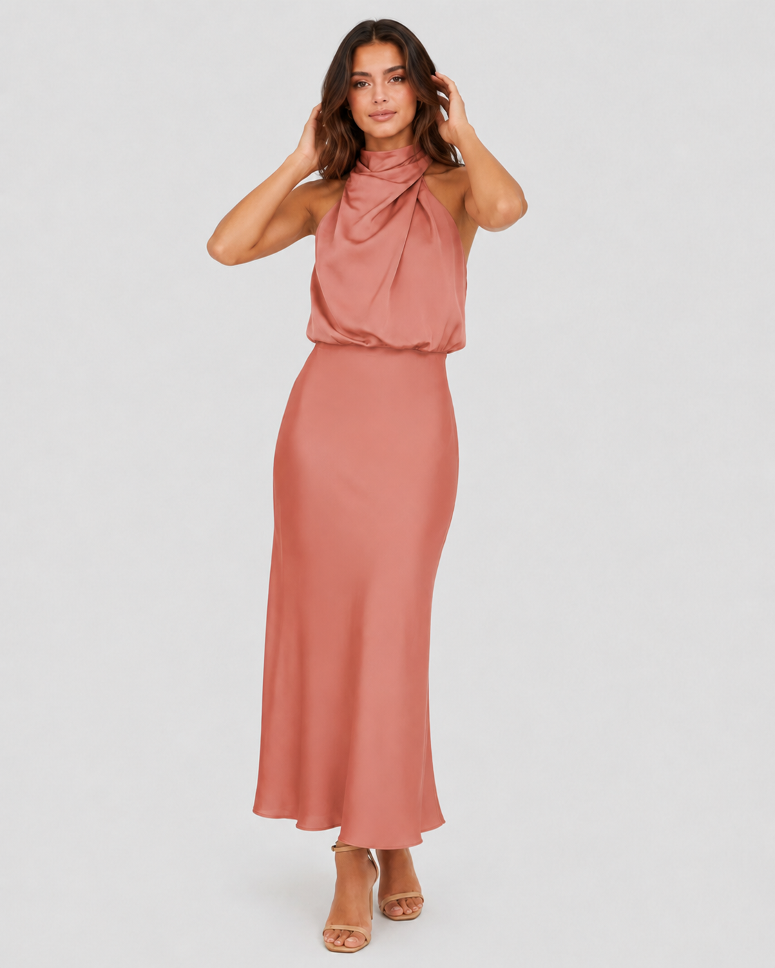 Women’s satin one-shoulder midi dress featuring a side slit, smooth fabric, and flowing silhouette for an elegant and modern occasion-ready look.