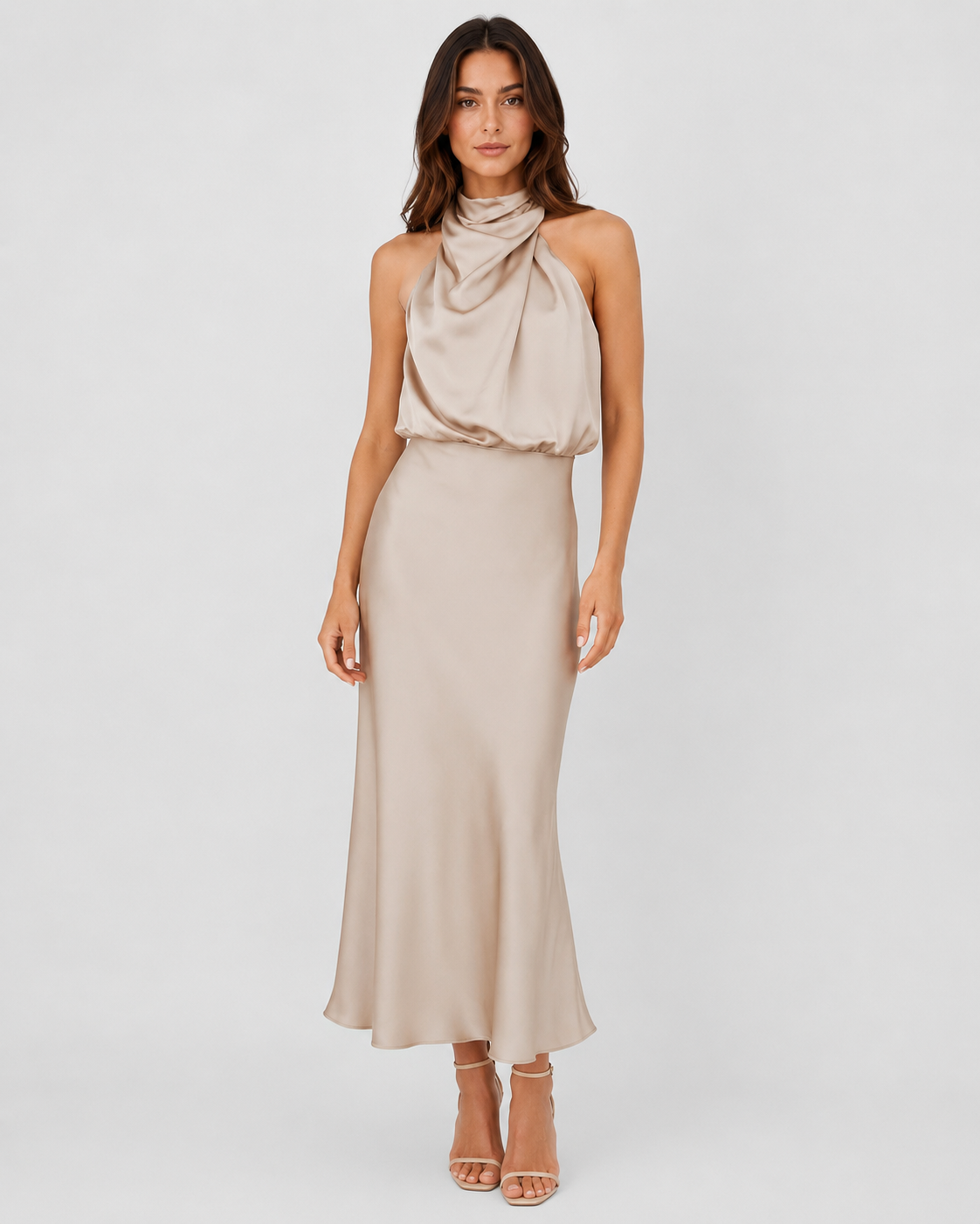 Women’s satin one-shoulder midi dress featuring a side slit, smooth fabric, and flowing silhouette for an elegant and modern occasion-ready look.
