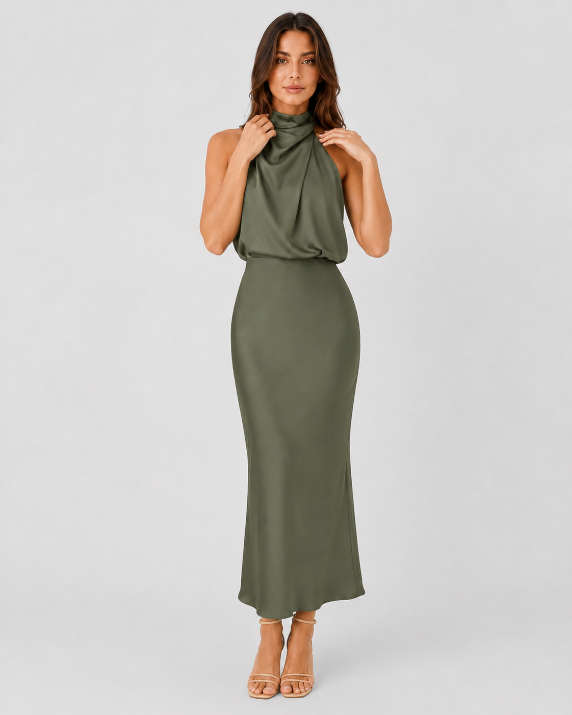Women’s satin one-shoulder midi dress featuring a side slit, smooth fabric, and flowing silhouette for an elegant and modern occasion-ready look.