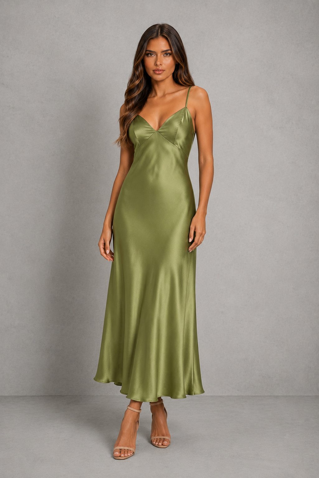Women's elegant satin slip maxi dress with adjustable cross-back straps, a relaxed draped silhouette and a smooth satin-look finish for weddings, evenings and special occasions.