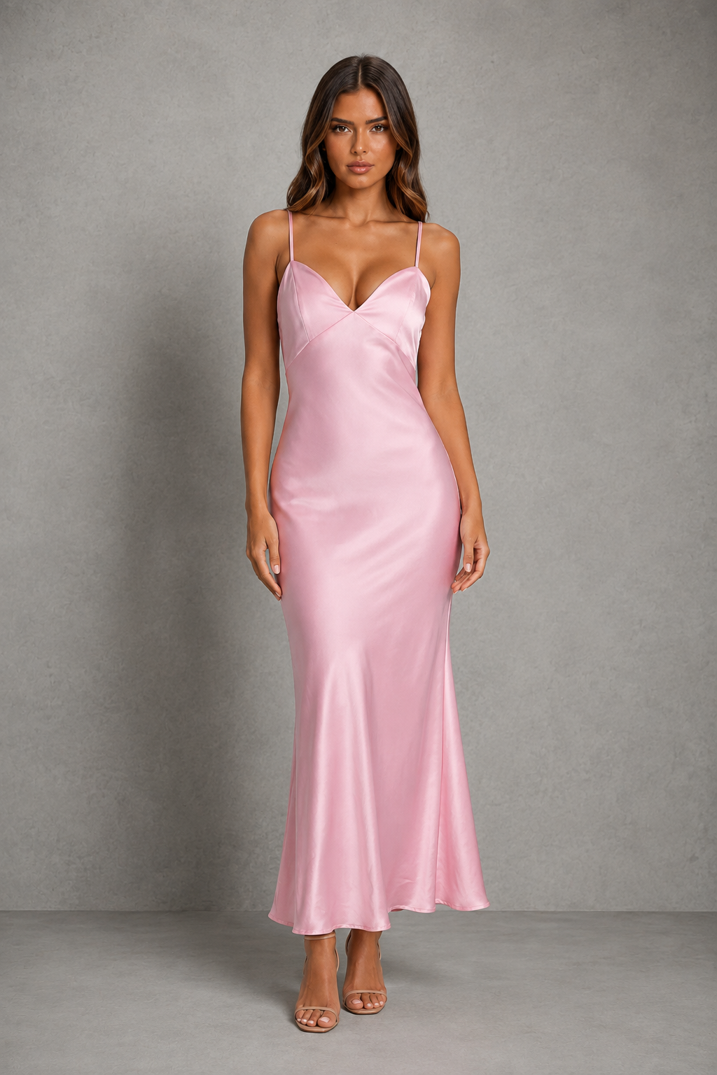 Women's elegant satin slip maxi dress with adjustable cross-back straps, a relaxed draped silhouette and a smooth satin-look finish for weddings, evenings and special occasions.