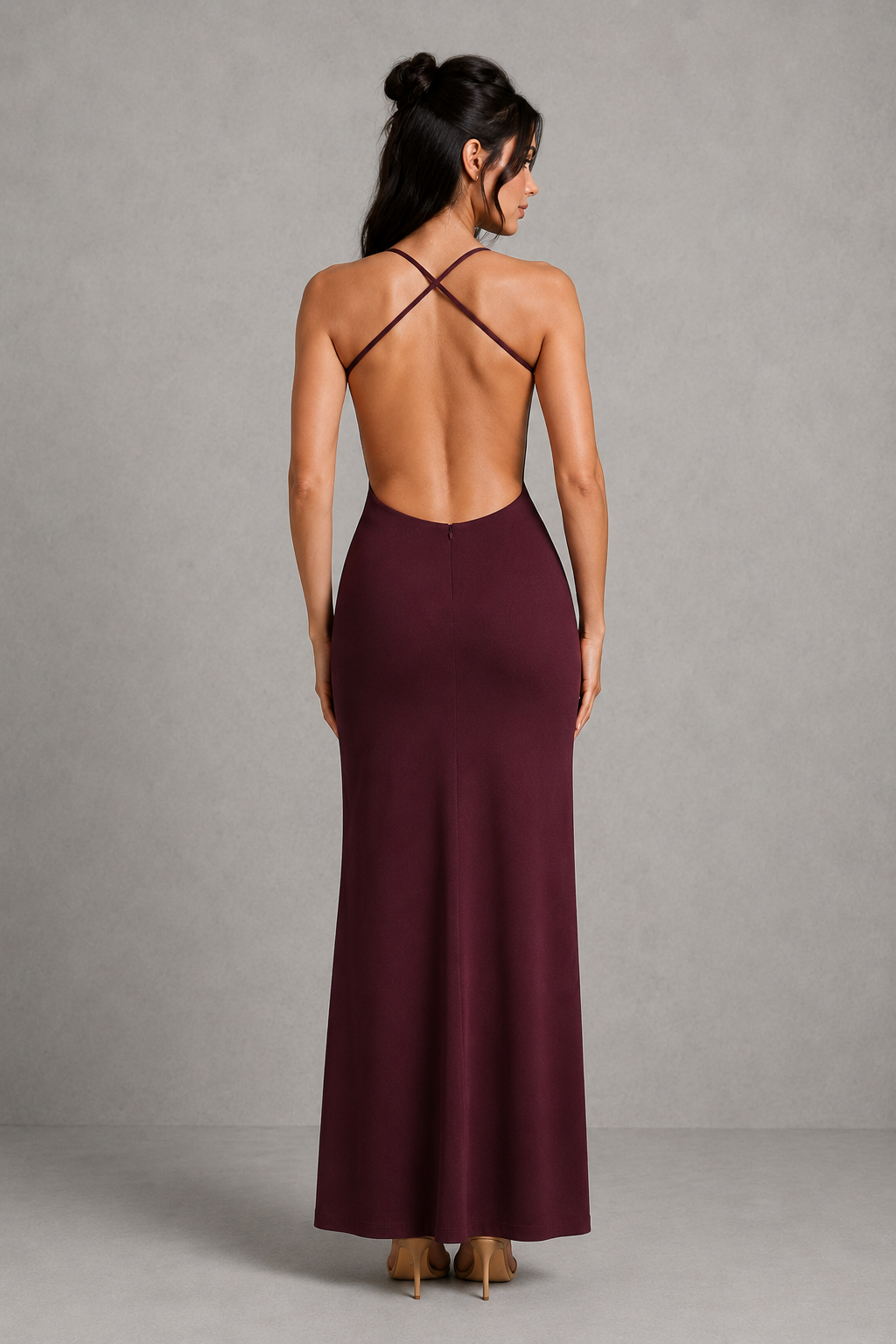 Women's scoop neck maxi dress in premium stretch crepe with a fitted bodice, low scoop back, adjustable crossover straps, thigh-high split, and flowing skirt for elegant evening and formal occasions.