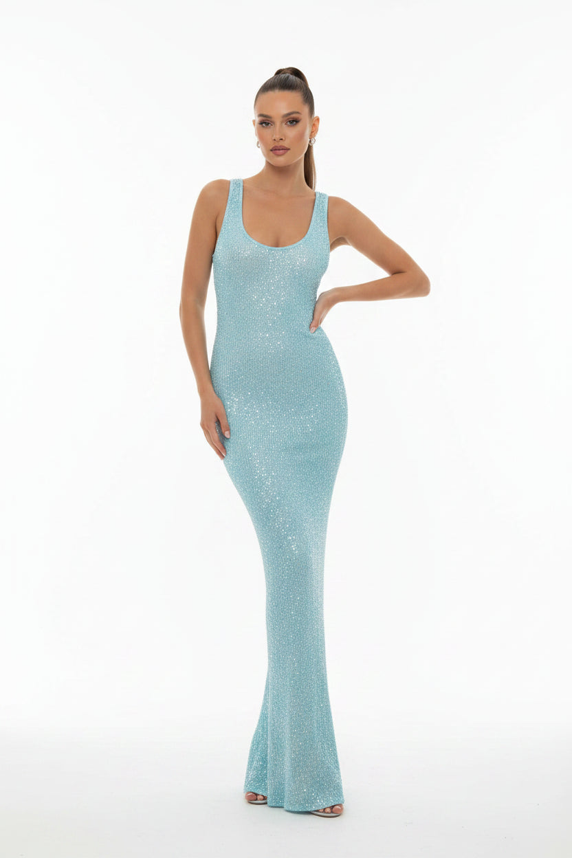 Women’s sleeveless sequin maxi dress for evening events and weddings