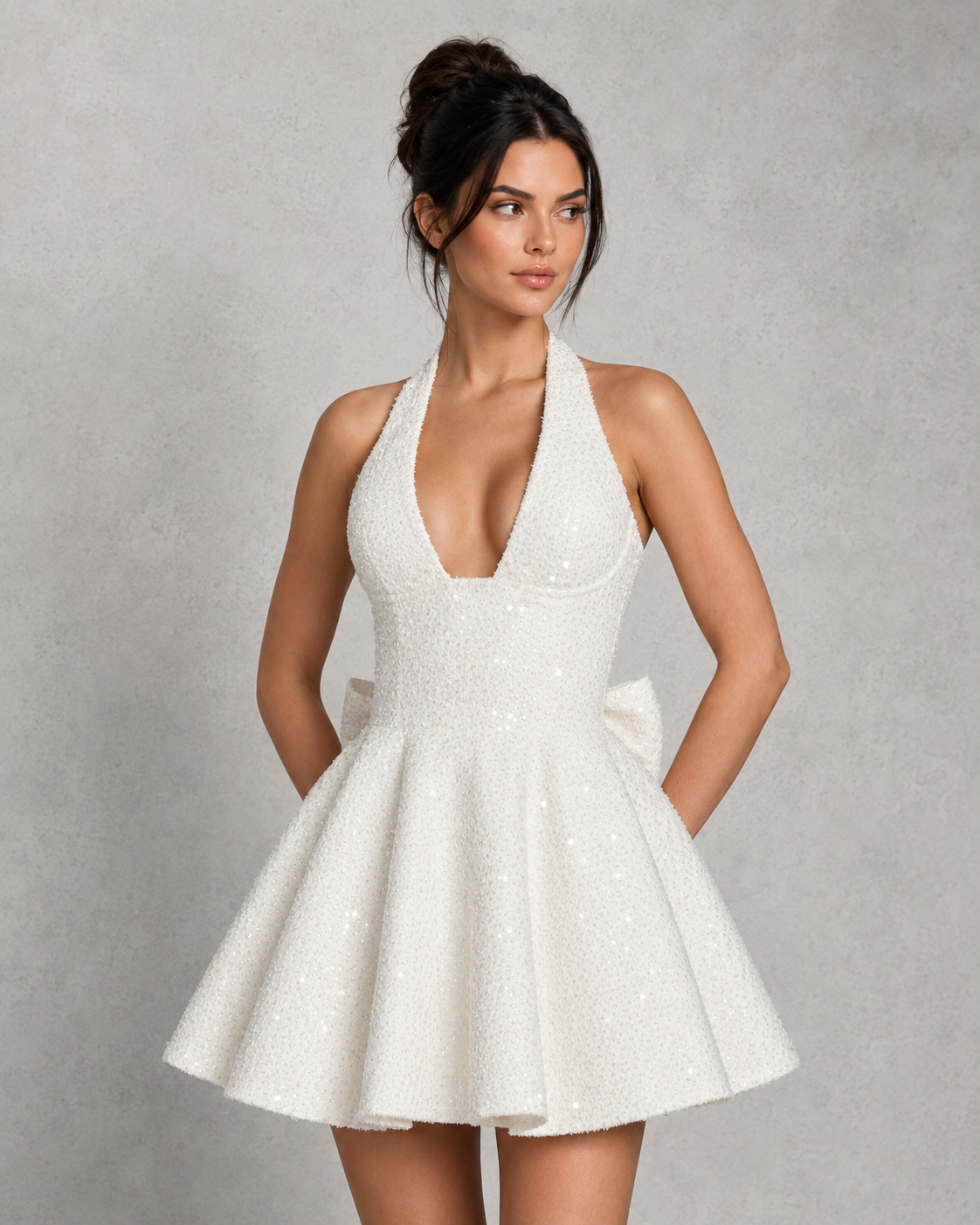 Women’s sequin tweed mini dress featuring a halter neckline, structured mono-underwire bodice, full circular skirt, and oversized detachable bow at the back, designed for parties, weddings, and special occasions.